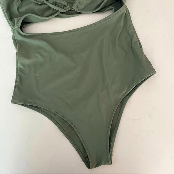 Aerie Ruched Cut Out One Piece Sage/Moss Swimsuit Medium - Picture 3 of 8